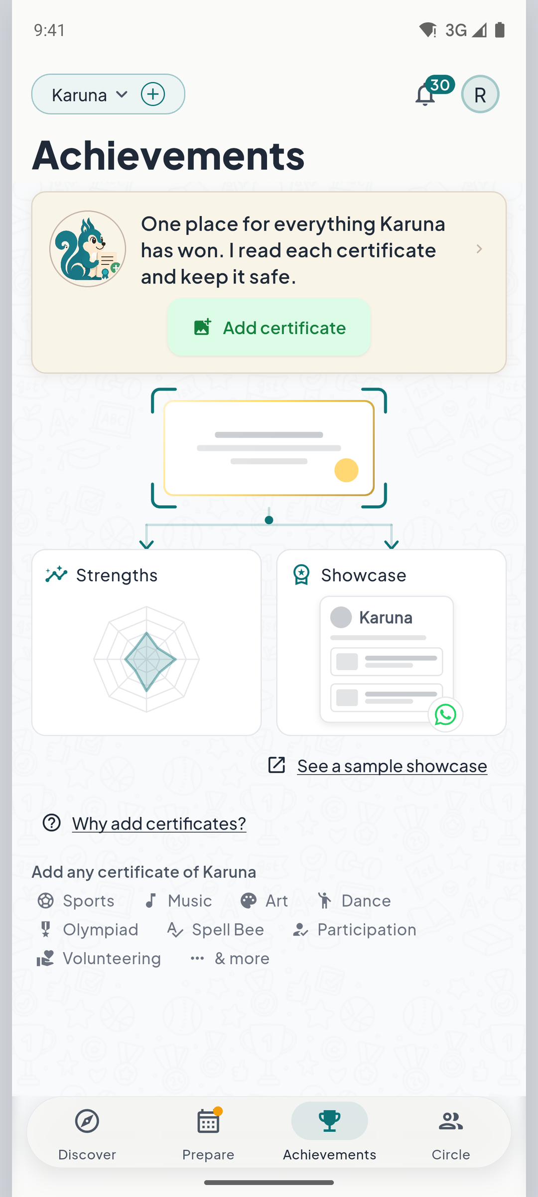 The Achievements tab of the WiWit app: a child's certificates and what they show the child is good at.