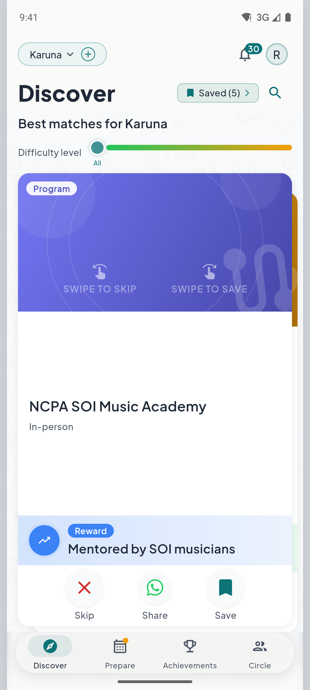 The Discover tab of the WiWit app: the opportunities matched to a child, one card at a time.