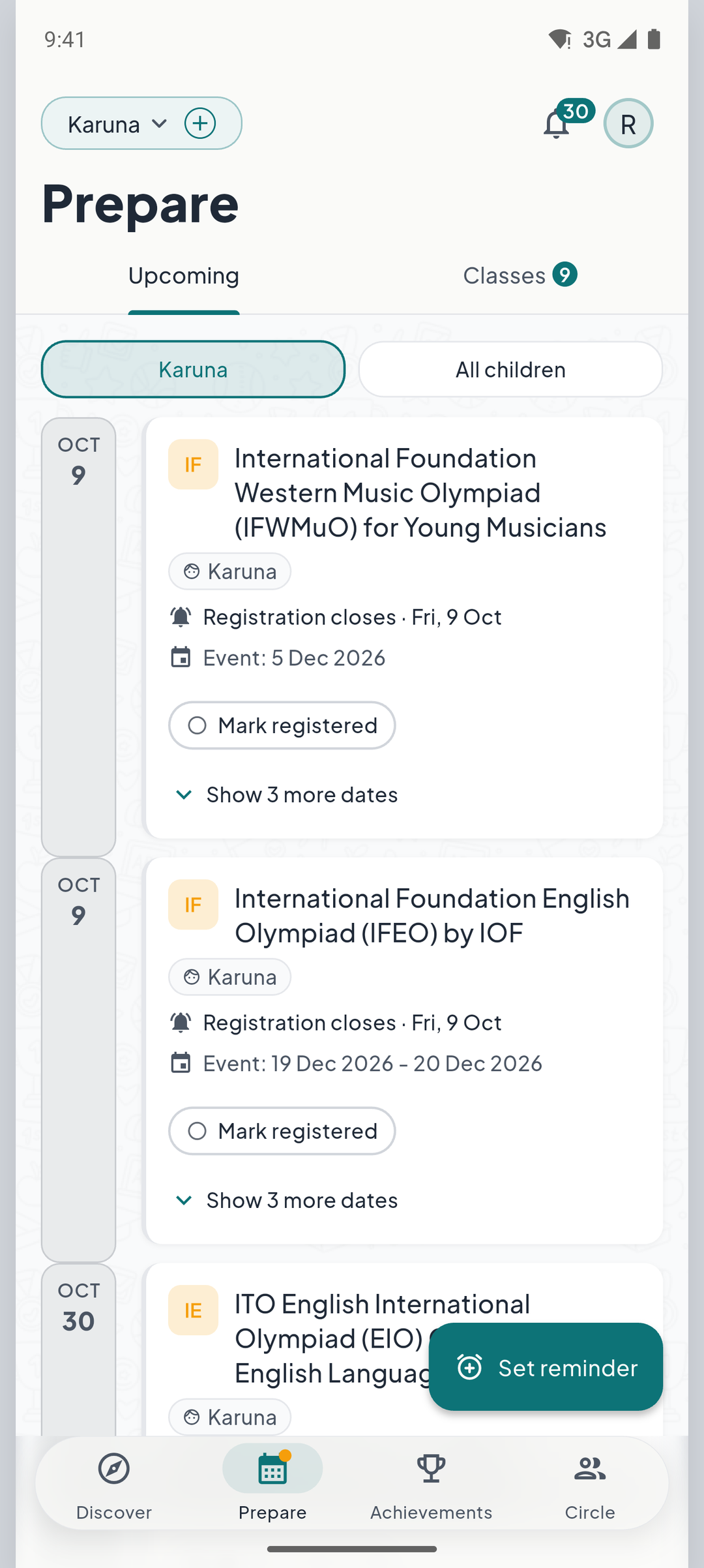 The Prepare tab of the WiWit app: the saved opportunities, each with its dates.